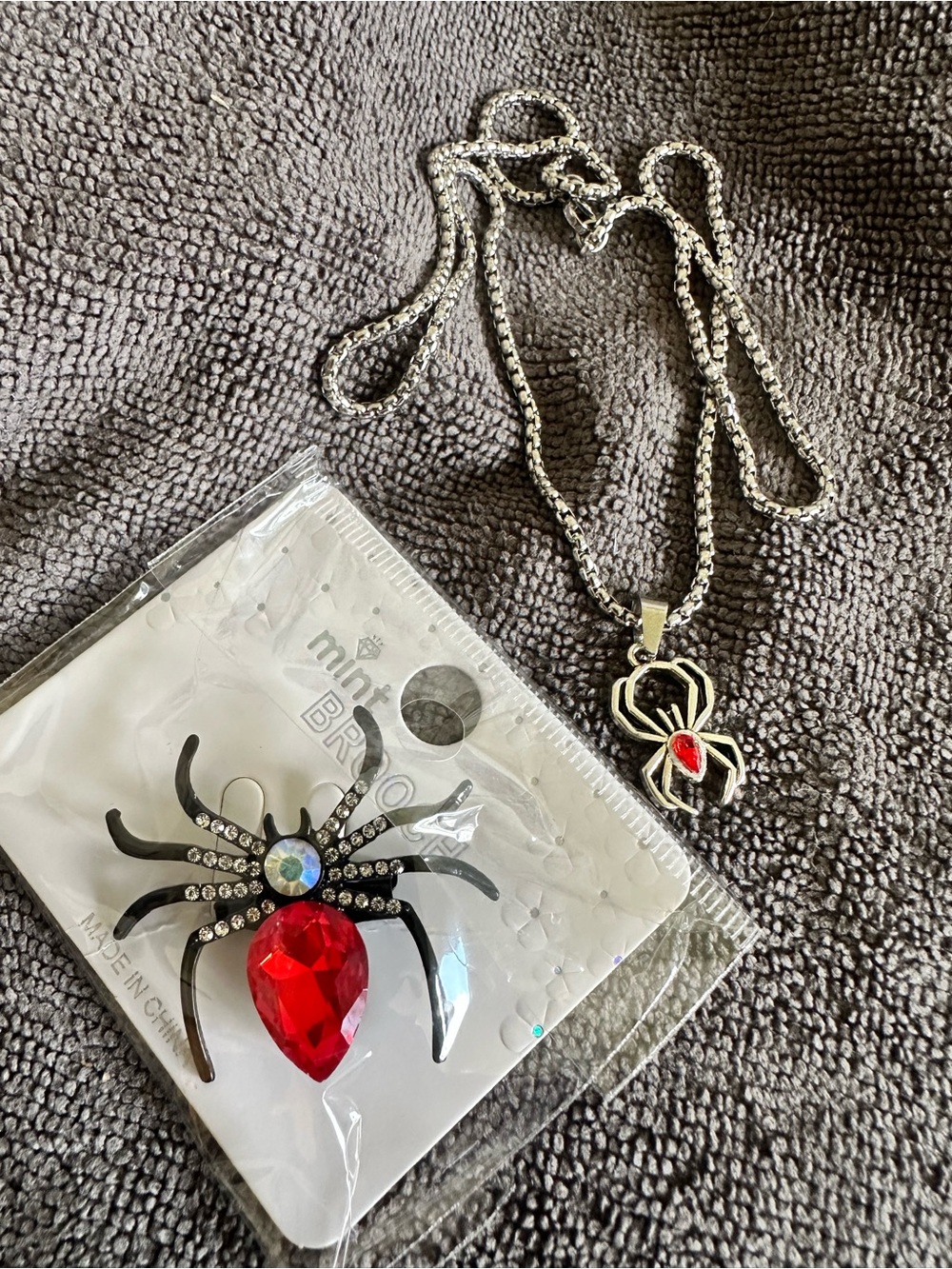 Silver Spider Pendant Necklace with Red Accent and matching brooc- Women Jewelry